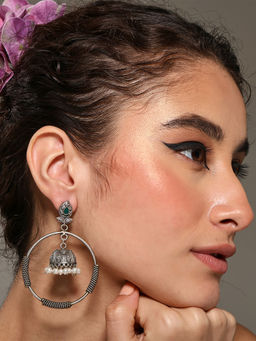 VENI - 92.5 Silver-Plated Artificial Stones Studded and Beaded Oxidised Dome Shaped Earrings