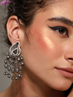 VENI - 92.5 Silver Plated Oxidized Artificial Stones Studded Paisley Shaped Earrings