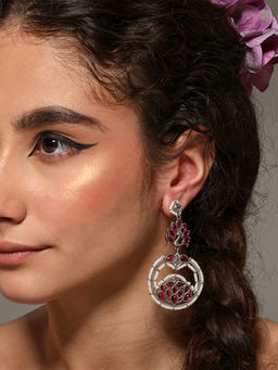 VENI - 92.5 Silver-Plated Artificial Stones Studded and Beaded Circular Shaped Earrings