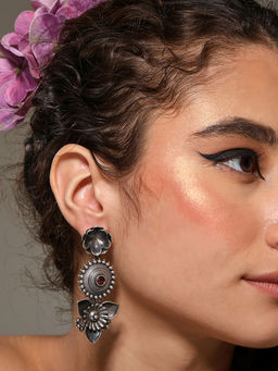 VENI - 92.5 Silver Plated Oxidized Artificial Stones Studded Floral Shaped Earrings