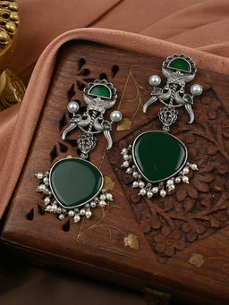 VENI - 92.5 Silver Plated Artificial Stones Studded and Beaded Oxidised Tear Earrings
