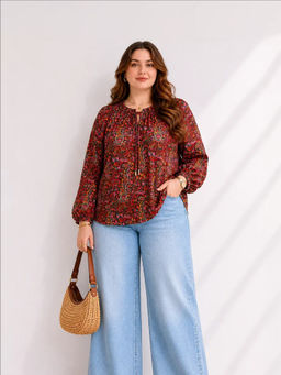 Virgio - Red Floral Viscose Plus Size Top