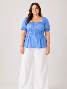 Virgio - Blue Solid Viscose Peplum Plus Size Top