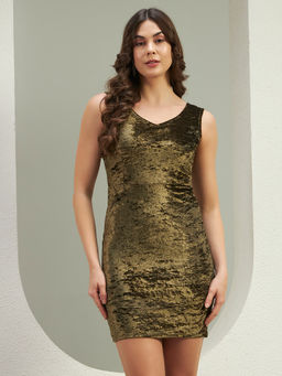 VAARARO - Olive Glam Crushed Velvet Mini Dress with Stylish V-Neck