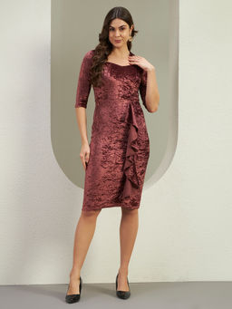 VAARARO - Red Crushed Velvet Luxe Bodycon Dress with Signature Ruffle Detail
