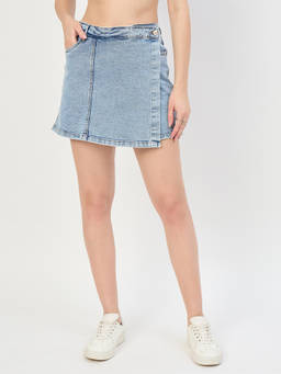 Madame - Light Blue Cotton Wrap Mini Denim Skorts