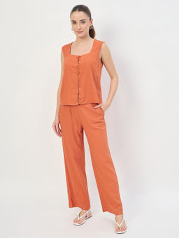 Madame - Rust Rayon Linen Embroidered Co-Ord Set