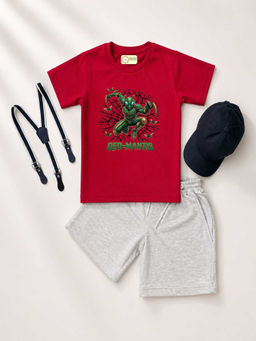 MALKIAT - Red Unisex Graphic Print T-Shirt with Shorts and Cap Suspenders