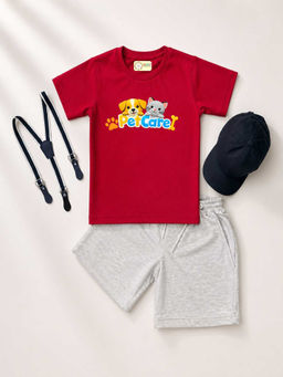 MALKIAT - Red Unisex Graphic Print T-Shirt with Shorts and Cap Suspenders