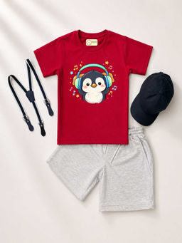 MALKIAT - Red Unisex Graphic Print T-Shirt with Shorts and Cap Suspenders