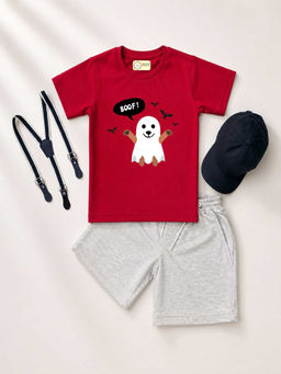 MALKIAT - Red Unisex Graphic Print T-Shirt with Shorts and Cap Suspenders