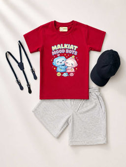 MALKIAT - Red Unisex Graphic Print T-Shirt with Shorts and Cap Suspenders