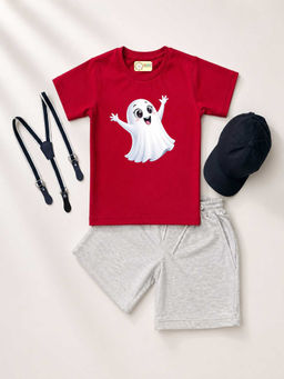 MALKIAT - Red Unisex Graphic Print T-Shirt with Shorts and Cap Suspenders