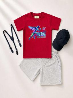 MALKIAT - Red Unisex Graphic Print T-Shirt with Shorts and Cap Suspenders