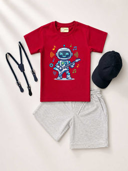 MALKIAT - Red Unisex Graphic Print T-Shirt with Shorts and Cap Suspenders