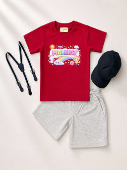 MALKIAT - Red Unisex Graphic Print T-Shirt with Shorts and Cap Suspenders