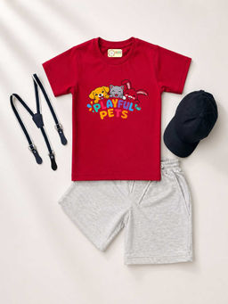 MALKIAT - Red Unisex Graphic Print T-Shirt with Shorts and Cap Suspenders