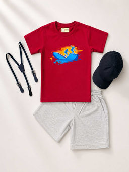 MALKIAT - Red Unisex Graphic Print T-Shirt with Shorts and Cap Suspenders