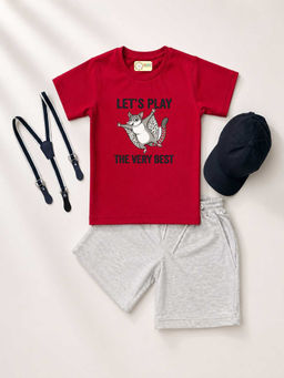 MALKIAT - Red Unisex Graphic Print T-Shirt with Shorts and Cap Suspenders