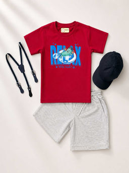 MALKIAT - Red Unisex Graphic Print T-Shirt with Shorts and Cap Suspenders