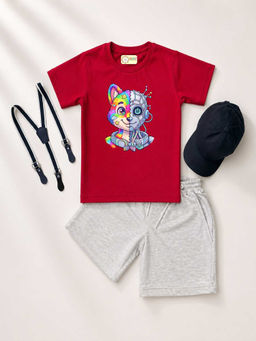MALKIAT - Red Unisex Graphic Print T-Shirt with Shorts and Cap Suspenders