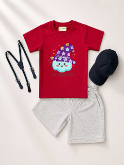 MALKIAT - Red Unisex Graphic Print T-Shirt with Shorts and Cap Suspenders