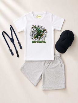 MALKIAT - White Unisex Graphic Print T-Shirt with Shorts and Cap Suspenders