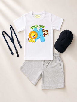 MALKIAT - White Unisex Graphic Print T-Shirt with Shorts and Cap Suspenders
