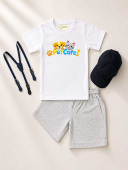MALKIAT - White Unisex Graphic Print T-Shirt with Shorts and Cap Suspenders