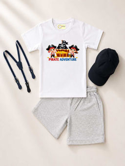 MALKIAT - White Unisex Graphic Print T-Shirt with Shorts and Cap Suspenders
