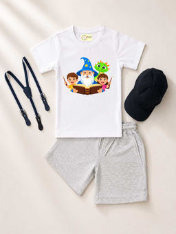 MALKIAT - White Unisex Graphic Print T-Shirt with Shorts and Cap Suspenders