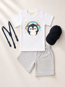 MALKIAT - White Unisex Graphic Print T-Shirt with Shorts and Cap Suspenders