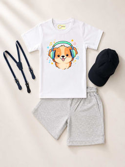 MALKIAT - White Unisex Graphic Print T-Shirt with Shorts and Cap Suspenders