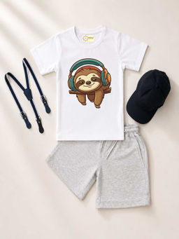 MALKIAT - White Unisex Graphic Print T-Shirt with Shorts and Cap Suspenders