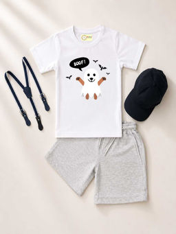 MALKIAT - White Unisex Graphic Print T-Shirt with Shorts and Cap Suspenders