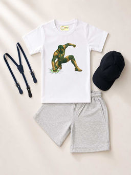MALKIAT - White Unisex Graphic Print T-Shirt with Shorts and Cap Suspenders