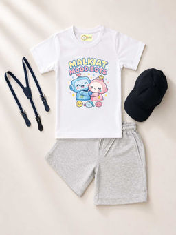 MALKIAT - White Unisex Graphic Print T-Shirt with Shorts and Cap Suspenders