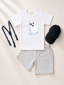 MALKIAT - White Unisex Graphic Print T-Shirt with Shorts and Cap Suspenders