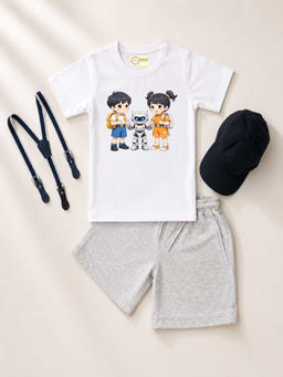 MALKIAT - White Unisex Graphic Print T-Shirt with Shorts and Cap Suspenders