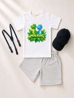 MALKIAT - White Unisex Graphic Print T-Shirt with Shorts and Cap Suspenders