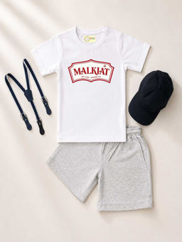 MALKIAT - White Unisex Graphic Print T-Shirt with Shorts and Cap Suspenders
