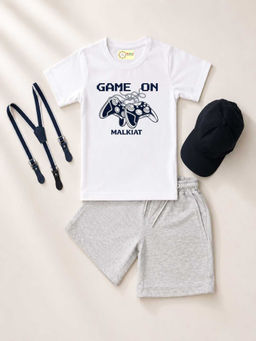 MALKIAT - White Unisex Graphic Print T-Shirt with Shorts and Cap Suspenders