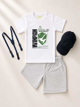 MALKIAT - White Unisex Graphic Print T-Shirt with Shorts and Cap Suspenders