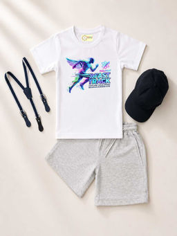 MALKIAT - White Unisex Graphic Print T-Shirt with Shorts and Cap Suspenders