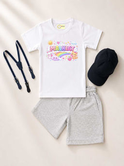 MALKIAT - White Unisex Graphic Print T-Shirt with Shorts and Cap Suspenders