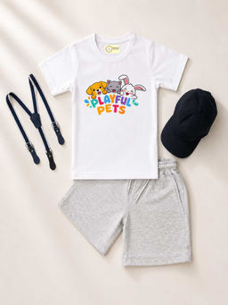 MALKIAT - White Unisex Graphic Print T-Shirt with Shorts and Cap Suspenders