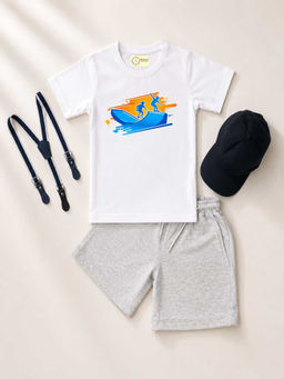 MALKIAT - White Unisex Graphic Print T-Shirt with Shorts and Cap Suspenders