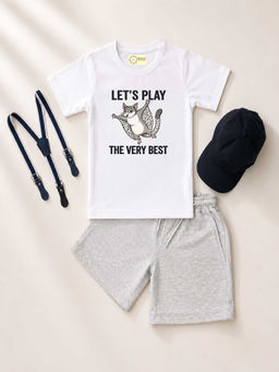 MALKIAT - White Unisex Graphic Print T-Shirt with Shorts and Cap Suspenders