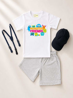 MALKIAT - White Unisex Graphic Print T-Shirt with Shorts and Cap Suspenders