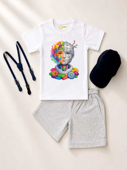 MALKIAT - White Unisex Graphic Print T-Shirt with Shorts and Cap Suspenders
